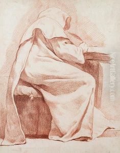 A Monk Seated At A Table Writing by Charles Francois Delahaye