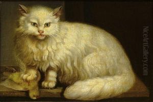 Chat Angora Jouant Avec Un Oiseau by Jacques Barthelemy Delamarre