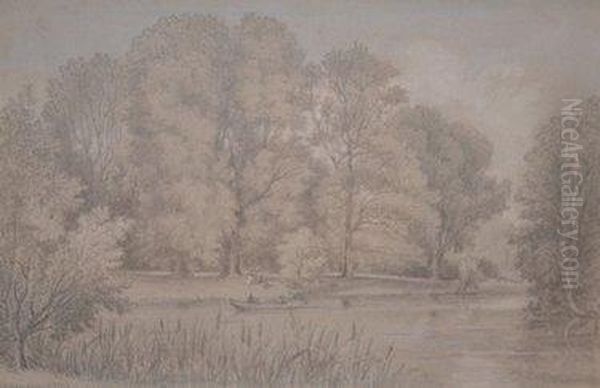 Man In A Punt Boat In A Tree Lined Lake - view 1