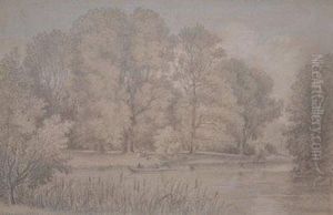 Man In A Punt Boat In A Tree Lined Lake by William Alfred Delamotte