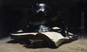Still Life With Helmet, Sword, Books And Sprig Of Holly