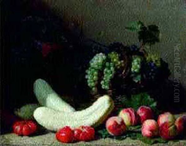 Peches, Tomates, Courges, Pichet De Fleurs Et Corbeille De Raisins - view 1