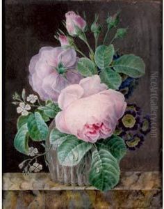 Bouquet De Roses Et De Primeveres Dans Un Vase Sur Un Entablement