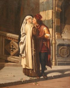 Young Male Courtier Attempting To Kiss An Unwilling Nun In An Italian Street Scattered With Roses