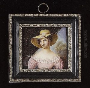 A Lady, Wearing Pink Dress With White Frilled Collar And Straw Bonnet Adorned With Pink Ribbon And Rose, Curtain And Landscape Background by Alexandre Delatour