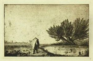 E A Cow Grazing At The Water's Edge by Auguste Delatre