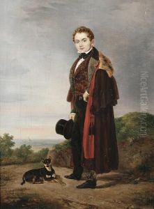 A Finely Dressed Gentleman Accompanied By His Dog by Henri Delattre
