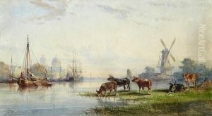 Cattle Grazing At The Water's Edge With Shipping And City Beyond by Alfred Napoleon Delaunois