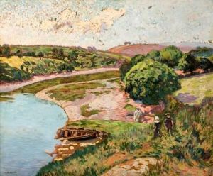 Bretons Au Bord De L'aven Ou Riviere A Kerscaff by Henri Delavallee
