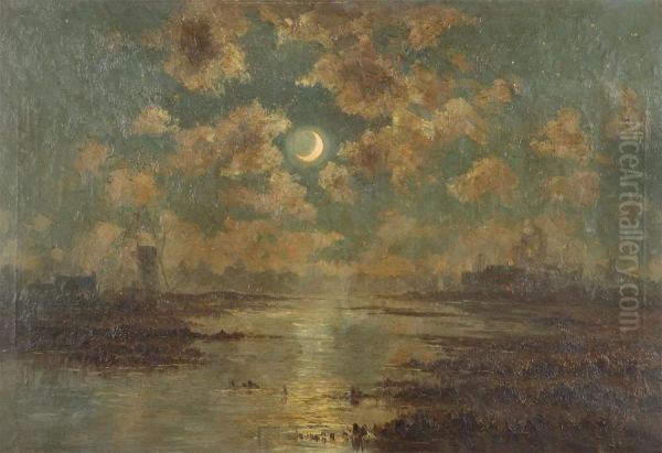 River Landscape With Windmill At Moonlight - view 1