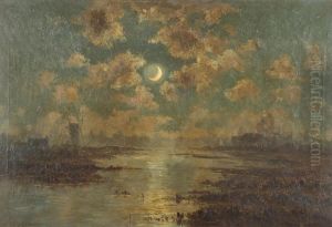 River Landscape With Windmill At Moonlight by Leon Delderenne