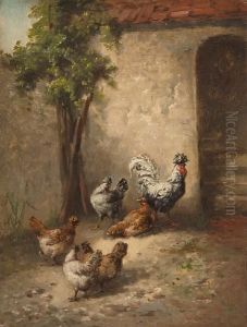 Hens And A Rooster In A Farm Yard by Auguste Joseph Delessard