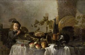 Nature Morte Au Paon Avec Un Jeune Garcon Buvant by Cornelis Jacobsz Delff