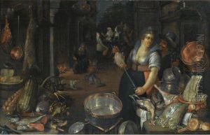 A Kitchen Still Life With A Maid And Her Admirer Next To A Table With Dead Hares, Fowl, Bread Rolls, A Basket With Fruit, And Copper Pots And Pans, On Another Table An Earthenware Plate With Fish, Cabbages And Artichokes, The Return Of The Prodigal Son In