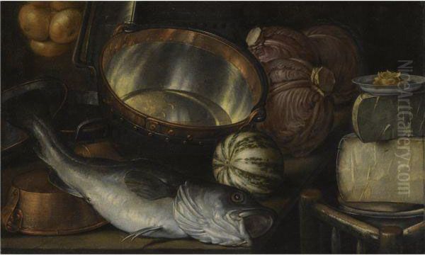 A Still Life With A Fish, Onions, Cabbage, Cheese And Copper Pots - view 1