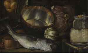 A Still Life With A Fish, Onions, Cabbage, Cheese And Copper Pots by Cornelis Jacobsz Delff
