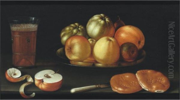 Still Life With Apples And Other Fruit On A Tazza, Together Witha Glass Of Beer, A Partly Peeled Apple, A Knife And Two Breadrolls - view 1