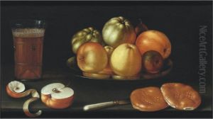 Still Life With Apples And Other Fruit On A Tazza, Together Witha Glass Of Beer, A Partly Peeled Apple, A Knife And Two Breadrolls by Cornelis Jacobsz Delff