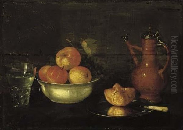 Apples And Grapes In A Porcelain Bowl, A Bread Roll On A Pewter Plate, A Glass Of Water And A Jug On A Wooden Ledge. - view 1