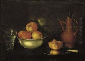 Apples And Grapes In A Porcelain Bowl, A Bread Roll On A Pewter Plate, A Glass Of Water And A Jug On A Wooden Ledge.