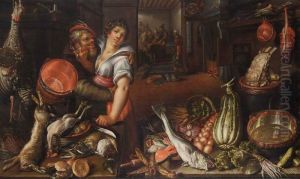 A Kitchen Still Life With Fowl, A Copper Pot, Rolls On Tin Plates, Apples And Black Grapes In A Basket And Mushrooms On A Stoneware Plate, All On A Table, Together With Herring, A Salmon, And Other Fish, A String Of Onions, Red Cabbages And Other Vegetabl by Cornelis Jacobsz Delff