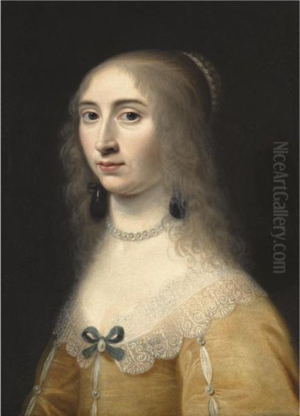 Portrait Of A Lady, Head And Shoulders, Wearing A Yellow Dress Anda Pearl Necklace And Headdress - view 1