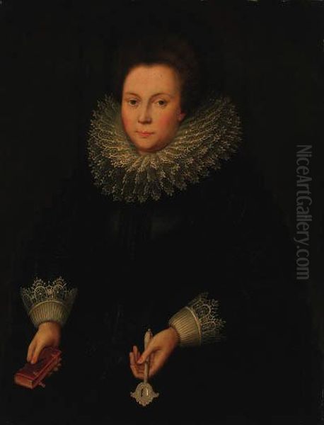 Portrait Of A Lady, Half-length, In A Black Embroidered Dress Withwhite Lace Sleeves And Ruff, Holding A Missal And Ahandscreen - view 1
