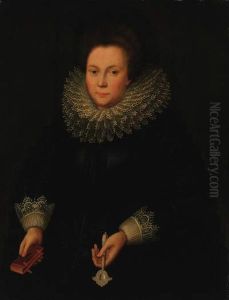 Portrait Of A Lady, Half-length, In A Black Embroidered Dress Withwhite Lace Sleeves And Ruff, Holding A Missal And Ahandscreen by Jacob Willemsz II Delff