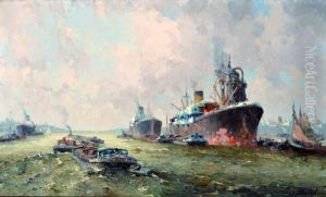 Zeeschepen En Sleepboten In Rotterdamse Haven by Gerardus Jacobus Delfgaauw