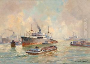Activity In The Rotterdam Harbour by Gerardus Jacobus Delfgaauw