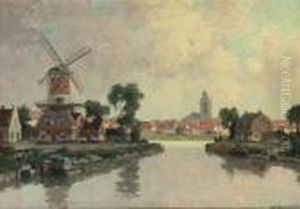 A View Of A Village Near A River by Gerardus Jacobus Delfgaauw
