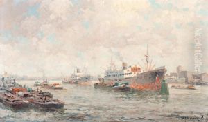 A View Of The Rotterdam Harbour by Gerarrd Delfgaauw