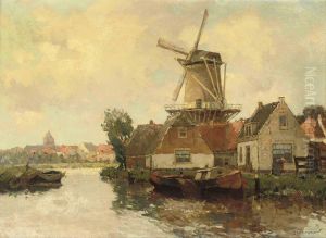 A Dutch Town With A Windmill by Gerarrd Delfgaauw