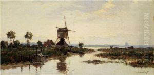 Weite Polderlandschaft Mit Deichseen,windmuhle Und Fischern by Gerarrd Delfgaauw