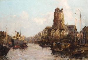 Zicht Op De Haven Te Dordrecht by Gerarrd Delfgaauw