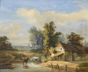 Bauer Mit Kuhen Bei Furt Und Gehoft. by Auguste Delfosse