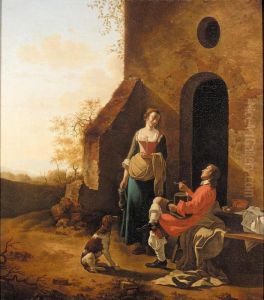 Figures With A Dog Outside A House by Adolphe Julien Delinge