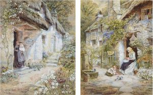 Peeling Vegetables; And A Mother And Child At A Devonshire Cottage Door by Etheline Eva Dell
