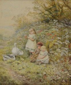 Children Picking Poppies In A Hedgerow Beside A Country Path, With Geese And Goslings