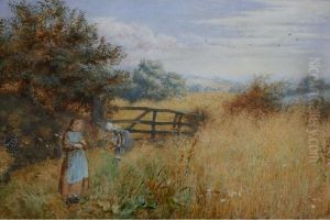 Two Girls Gathering Wild Flowers by Etheline Eva Dell