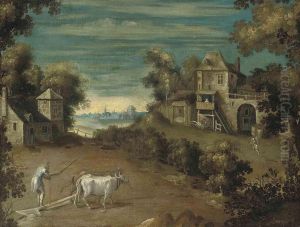 An Extensive Landscape With A Farmer And His Oxen Ploughing AField