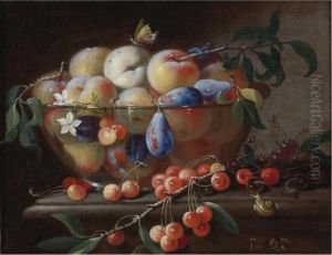 Still Life With Peaches And Plums In A Glass Bowl, Resting On A Table With Cherries And A Snail by Francesco Della Questa