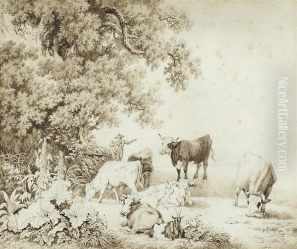 Idyllic
Landscape With Two Young Herdsmen, Cows And Goats - view 1