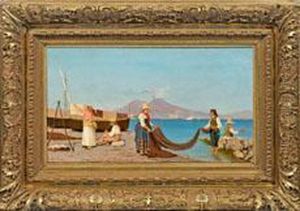 Fischerfamilie Am Uferder Bucht Von Neapel by Giovanni Della Rocca