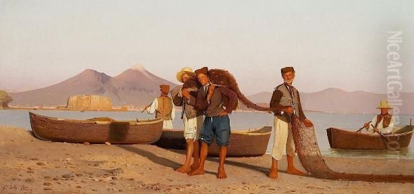 Fishermen With Their Nets On The Beach At The Bay Of Naples - view 1