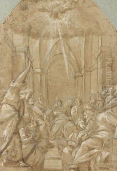 La Descente Du Saint Esprit Sur Les Apotres Reunis Autour De La Vierge Plume Et Encre Brune - view 1