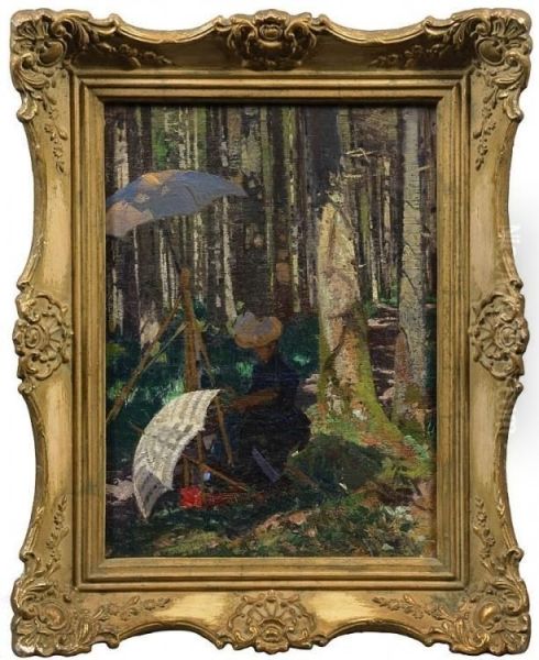 Sitzende Junge Malerin An Der Staffelei Im Wald - view 1