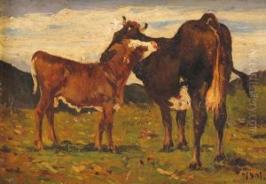 Mucca E Vitellino In Montagna by Lorenzo Delleani