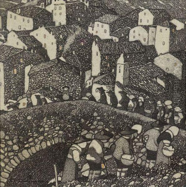 Pecheur Et Paysage - Vue De Village - view 1
