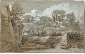 A View Of Houses And Temples On A Hill With Pine Trees, Rome